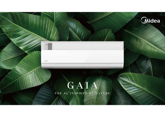 Midea Gaia 2.6kW split system air conditioner indoor and outdoor unit, energy-efficient reverse cycle cooling and heating.