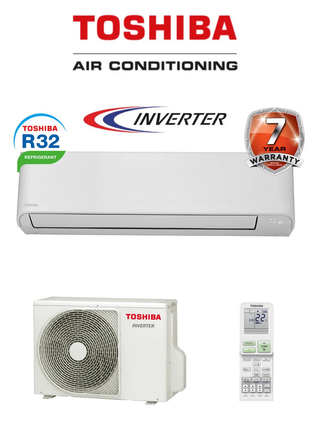 Toshiba Seiya Classic Series 2.5 kW split system air conditioner indoor and outdoor units.
