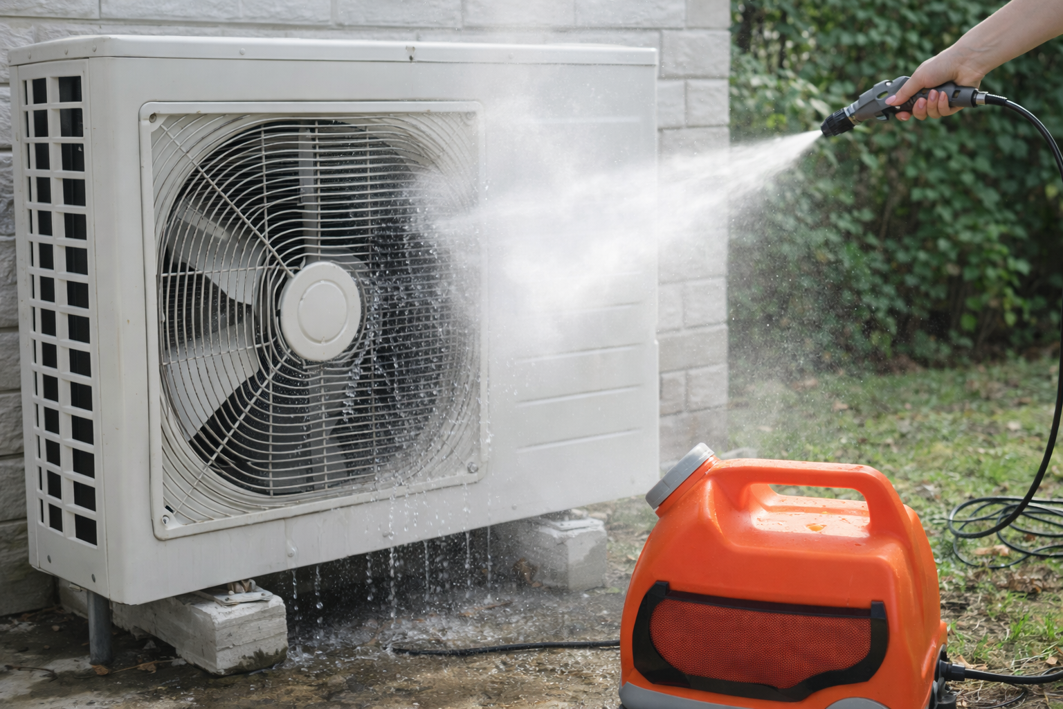 12V portable orange pressure washer cleaning an outdoor air conditioner unit with 15L water tank and adjustable spray gun