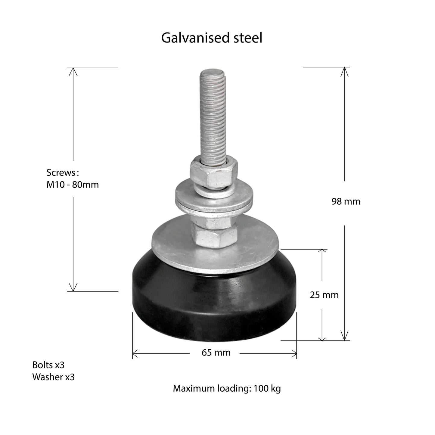 Adjustable Rubber Feet Galvanised - 4pcs