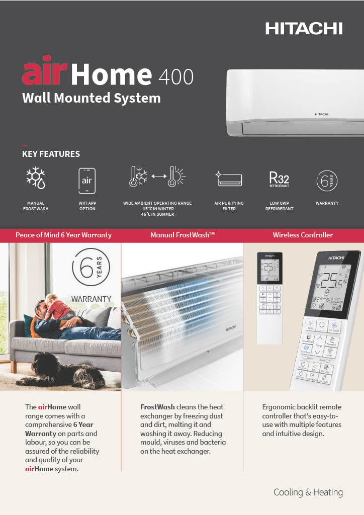 Hitachi airHome 400 2.5kW 3.5kW 5.0kW 6.0kW 7.0kW split system air conditioner indoor and outdoor units.