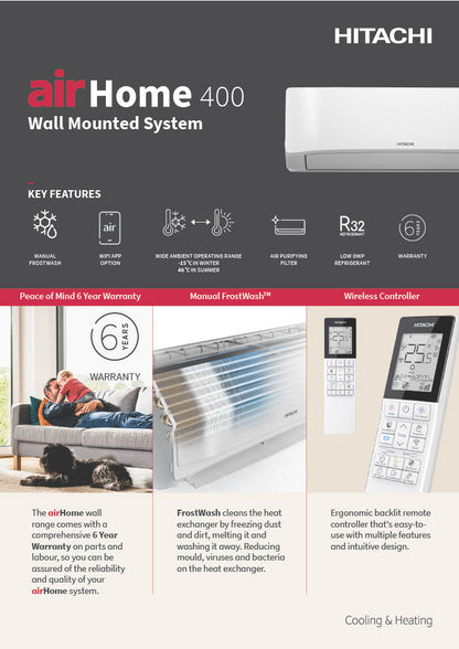 Hitachi airHome 400 2.5kW 3.5kW 5.0kW 6.0kW 7.0kW split system air conditioner indoor and outdoor units.