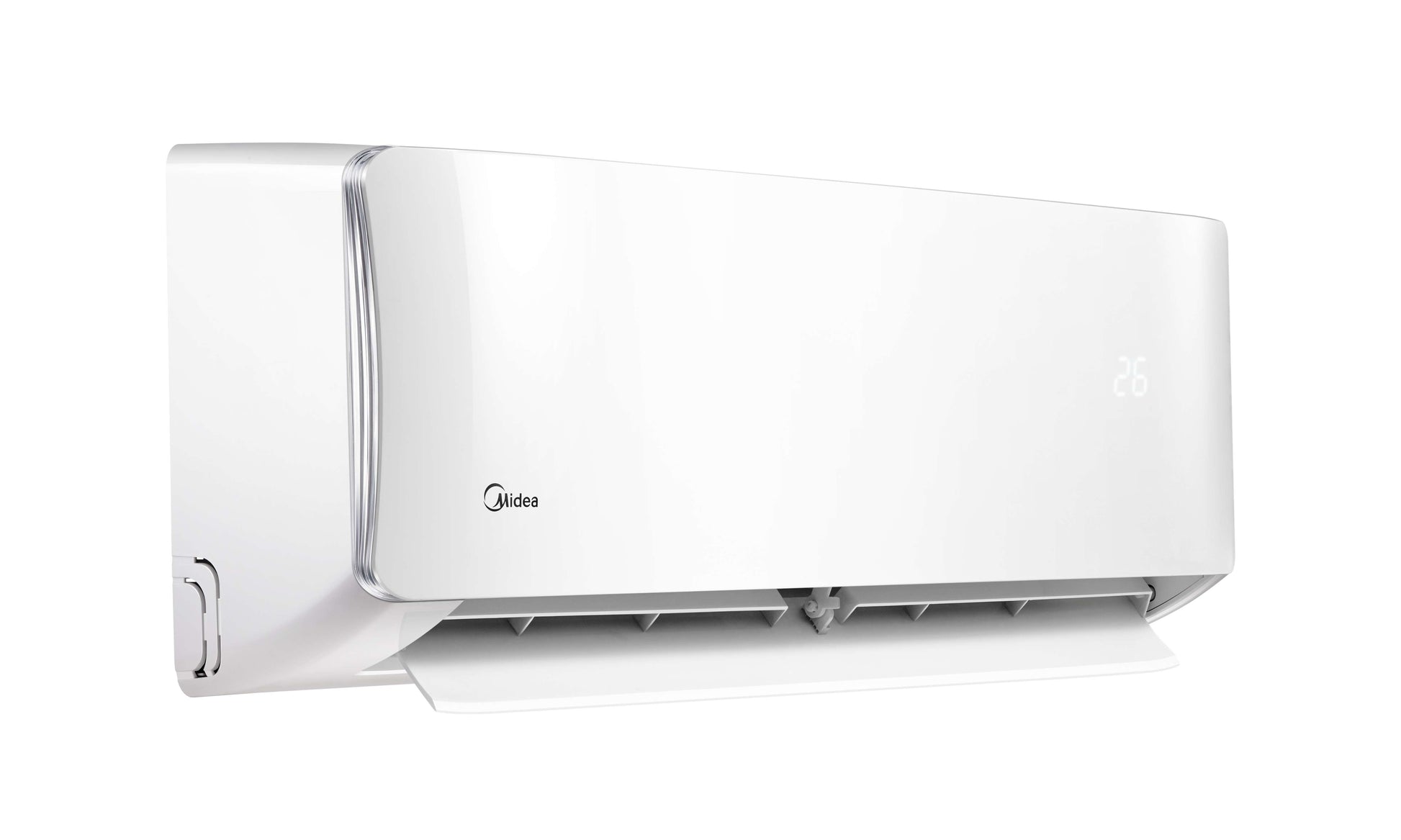 Midea Apollo Series 9.0kW split system air conditioner indoor and outdoor unit, energy-efficient reverse cycle cooling and heating.