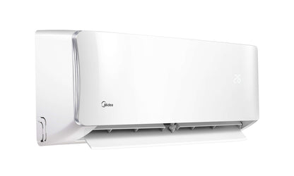 Midea Apollo Series 9.0kW split system air conditioner indoor and outdoor unit, energy-efficient reverse cycle cooling and heating.