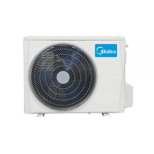 Midea Apollo Series 9.0kW split system air conditioner indoor and outdoor unit, energy-efficient reverse cycle cooling and heating.