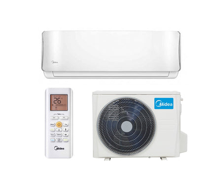 Midea Apollo Series 9.0kW split system air conditioner indoor and outdoor unit, energy-efficient reverse cycle cooling and heating.