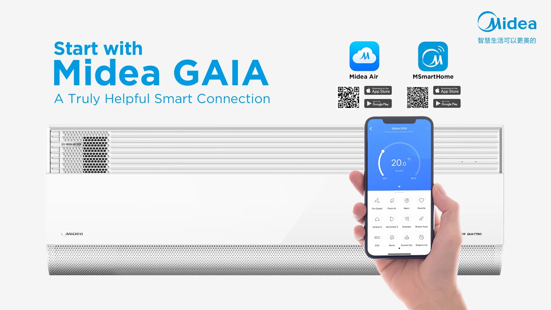 Midea Gaia 3.5kW split system air conditioner indoor and outdoor unit, energy-efficient reverse cycle cooling and heating.
