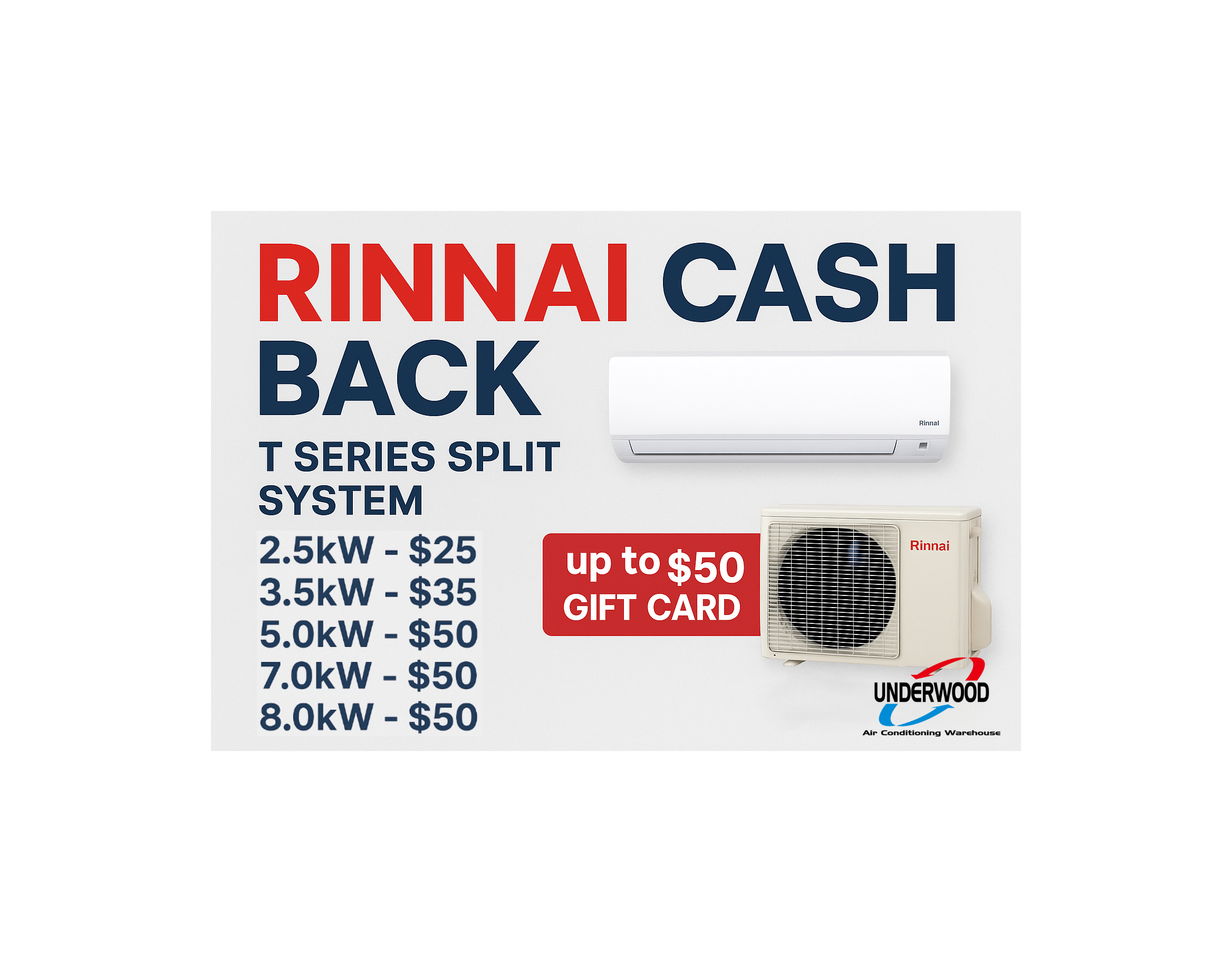 Rinnai cash back offer for T series split system with air conditioner illustration on a white background