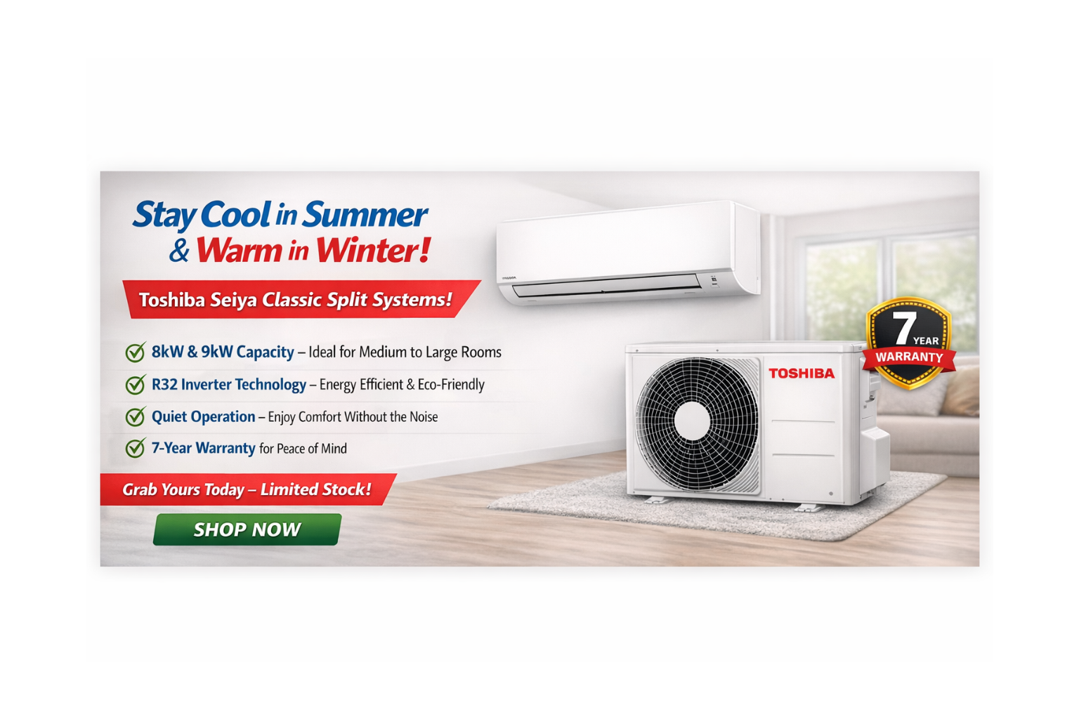 Toshiba air conditioner with promotional text on a white background